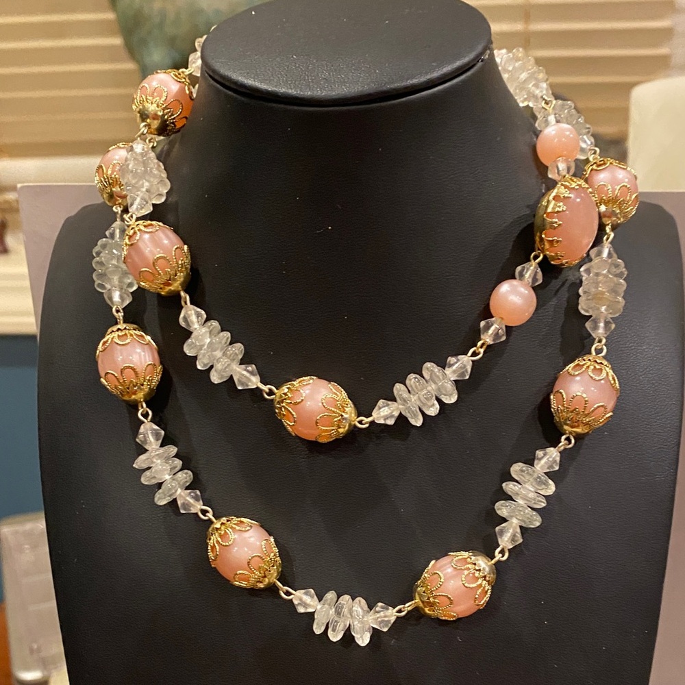 Japan Elegant Pink Moonglow and Gold Tone  Beaded Necklace